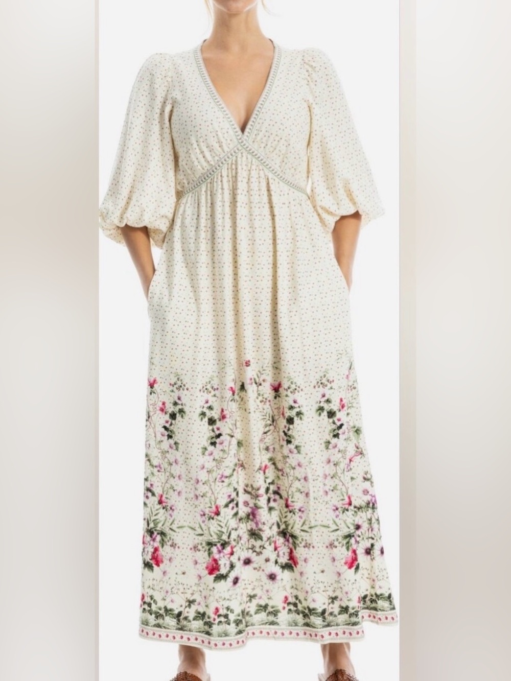 Like new Max Studio Cream Floral V-Neck puff sleeve linen blend Maxi Dress